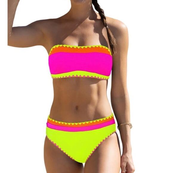 Sexy body 2-piece Color Block ,High Cut,Mid Waisted,Bandeau Adjustable Straps M - Picture 1 of 14